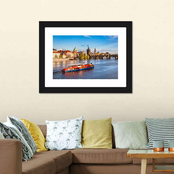 Cruise Boat On Vltava River Canvas Wall Art-3 Horizontal-Gallery Wrap-25" x 16"-Tiaracle