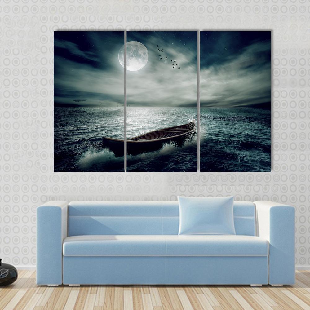 Boat Drifting In Stormy Ocean Canvas Wall Art-4 Pop-Gallery Wrap-50" x 32"-Tiaracle