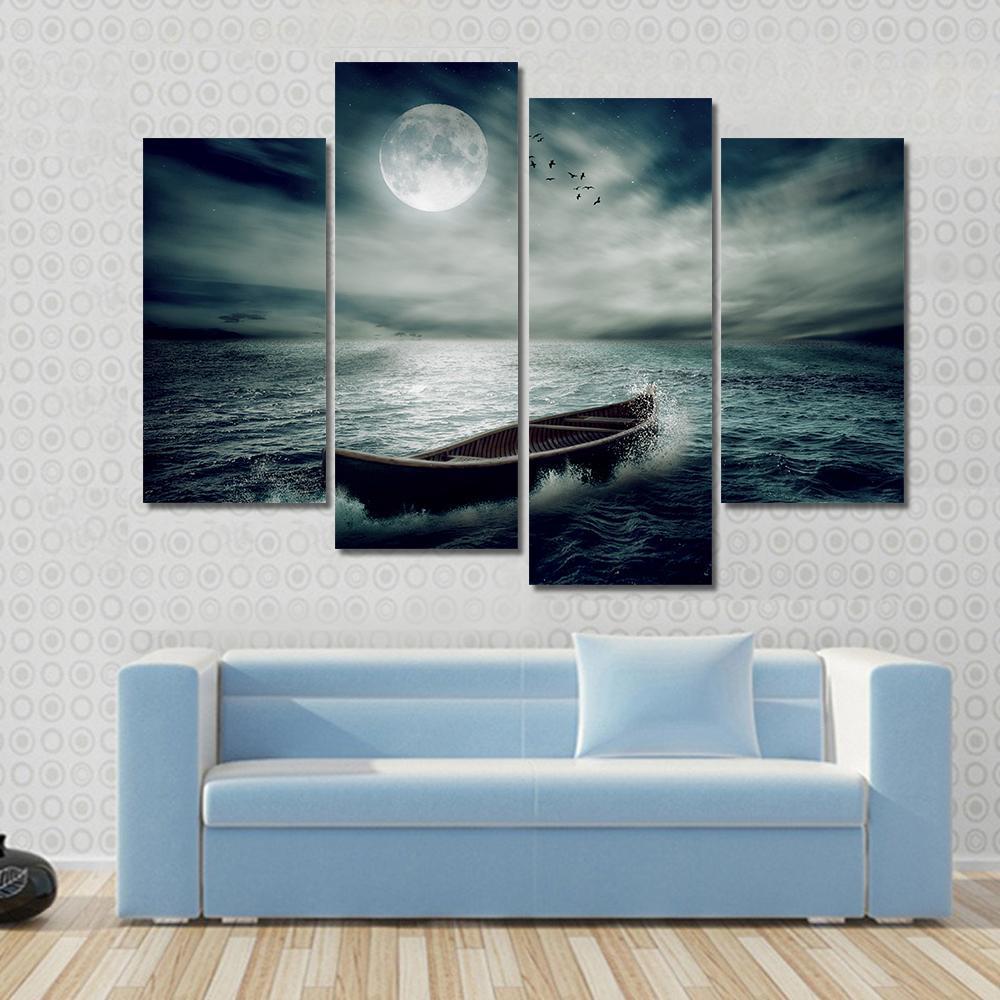 Boat Drifting In Stormy Ocean Canvas Wall Art-4 Pop-Gallery Wrap-50" x 32"-Tiaracle