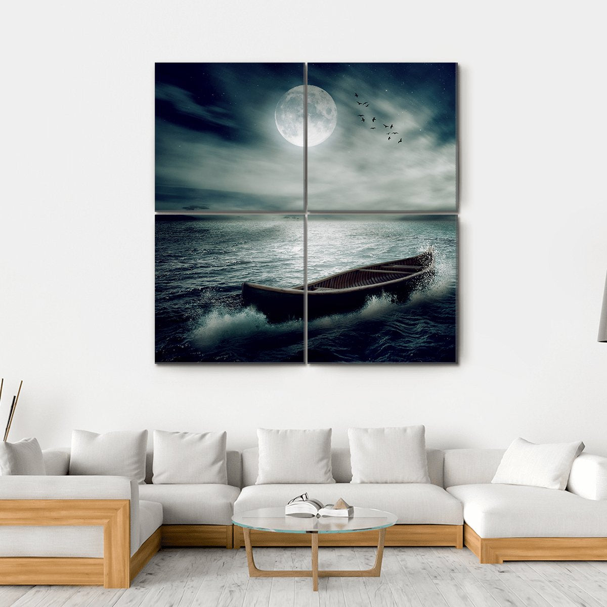Boat Drifting In Stormy Ocean Canvas Wall Art-4 Square-Gallery Wrap-17" x 17"-Tiaracle