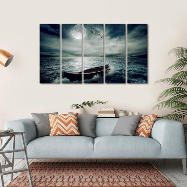 Boat Drifting In Stormy Ocean Canvas Wall Art-5 Horizontal-Gallery Wrap-22" x 12"-Tiaracle