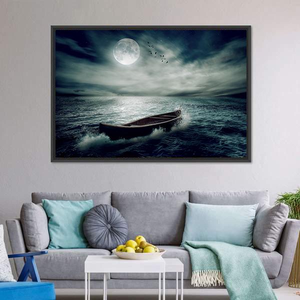 Boat Drifting in Stormy Ocean Canvas Wall Art in black, gray and blue, framed canvas, product view on a white background