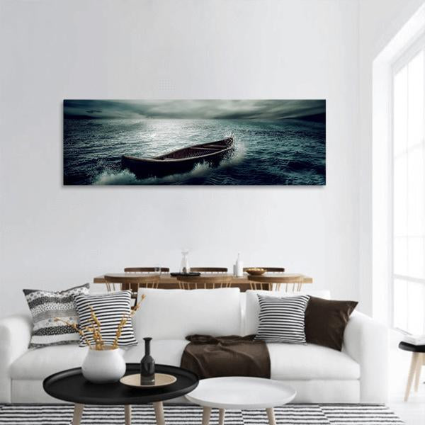 Boat Drifting In Stormy Ocean Panoramic Canvas Wall Art-1 Piece-36" x 12"-Tiaracle