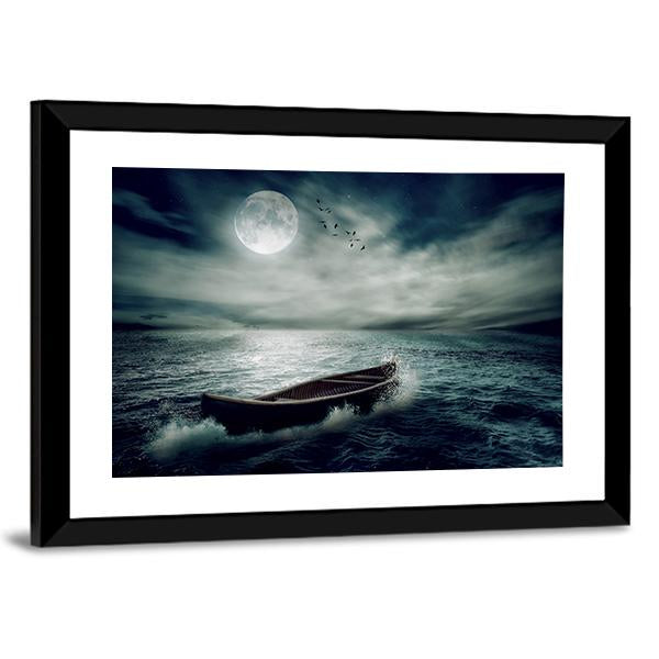 Boat Drifting In Stormy Ocean Panoramic Canvas Wall Art-1 Piece-36" x 12"-Tiaracle