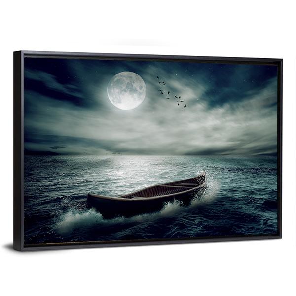 Boat Drifting In Stormy Ocean Panoramic Canvas Wall Art-1 Piece-36" x 12"-Tiaracle