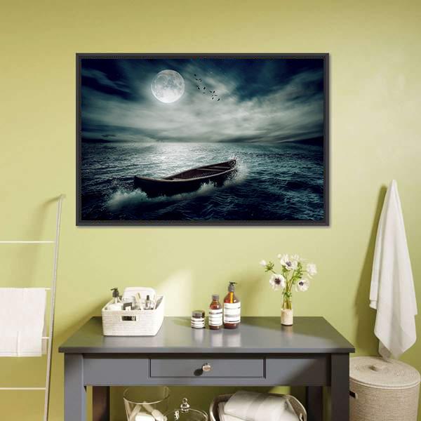 Boat Drifting In Stormy Ocean Panoramic Canvas Wall Art-1 Piece-36" x 12"-Tiaracle
