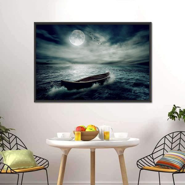 Boat Drifting In Stormy Ocean Panoramic Canvas Wall Art-1 Piece-36" x 12"-Tiaracle