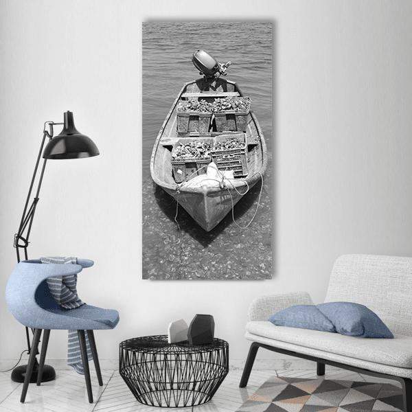 Fishing Boat with Oyster Crates Vertical Canvas Wall Art in black, white and gray, single vertical panel hung on a wall