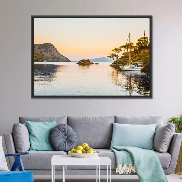 Boat In Aegean Sea Canvas Wall Art-1 Piece-Floating Frame-24" x 16"-Tiaracle
