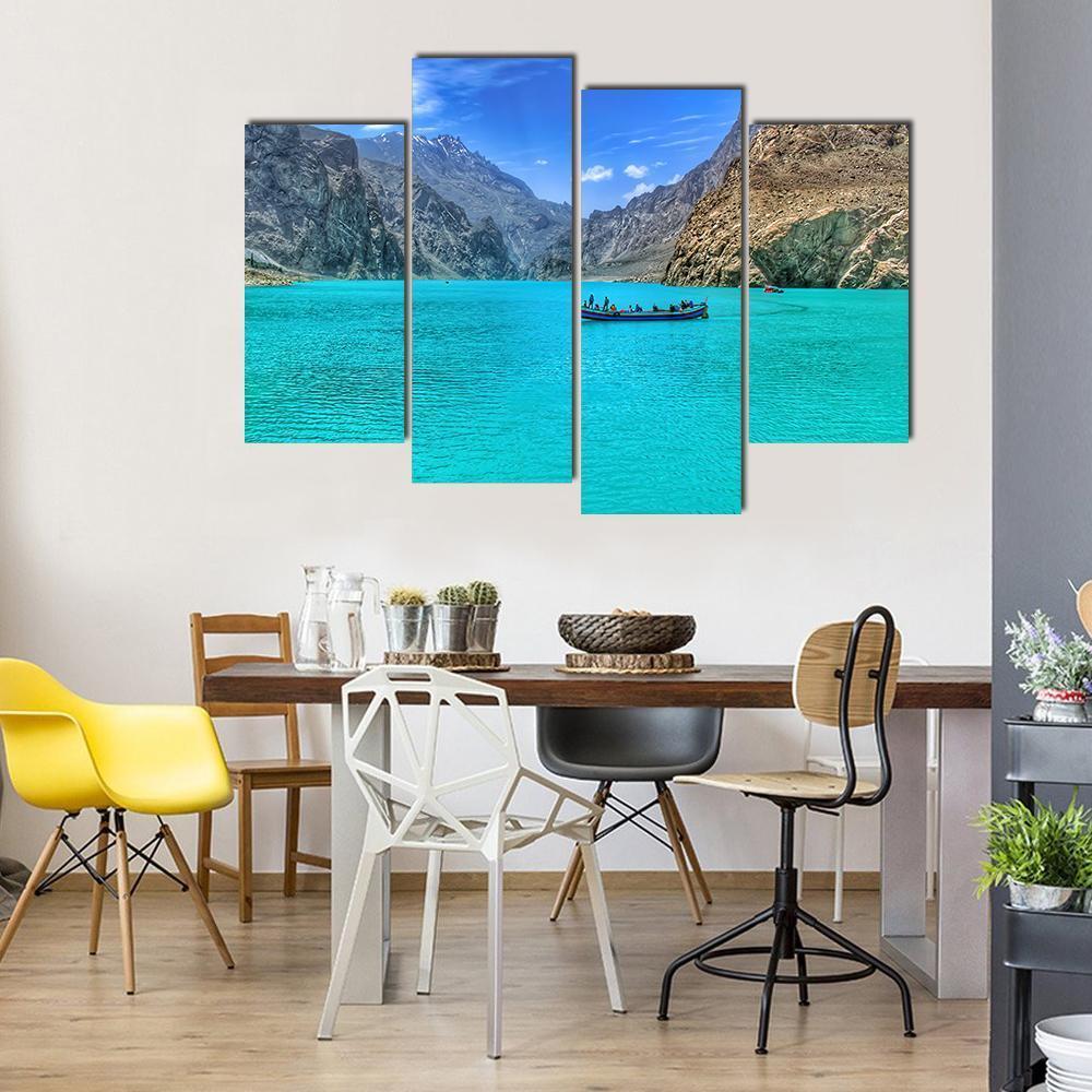 Boat In Attabad Lake Canvas Wall Art-4 Pop-Gallery Wrap-50" x 32"-Tiaracle
