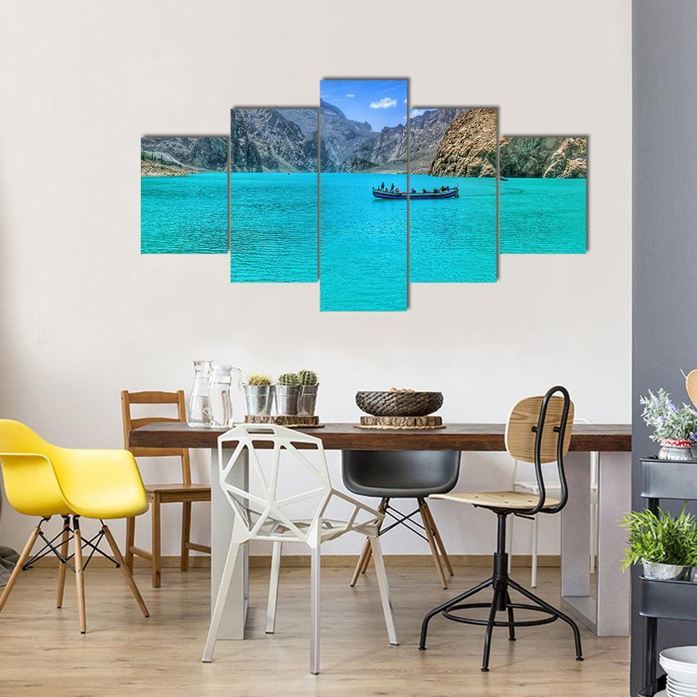 Boat In Attabad Lake Canvas Wall Art-4 Pop-Gallery Wrap-50" x 32"-Tiaracle