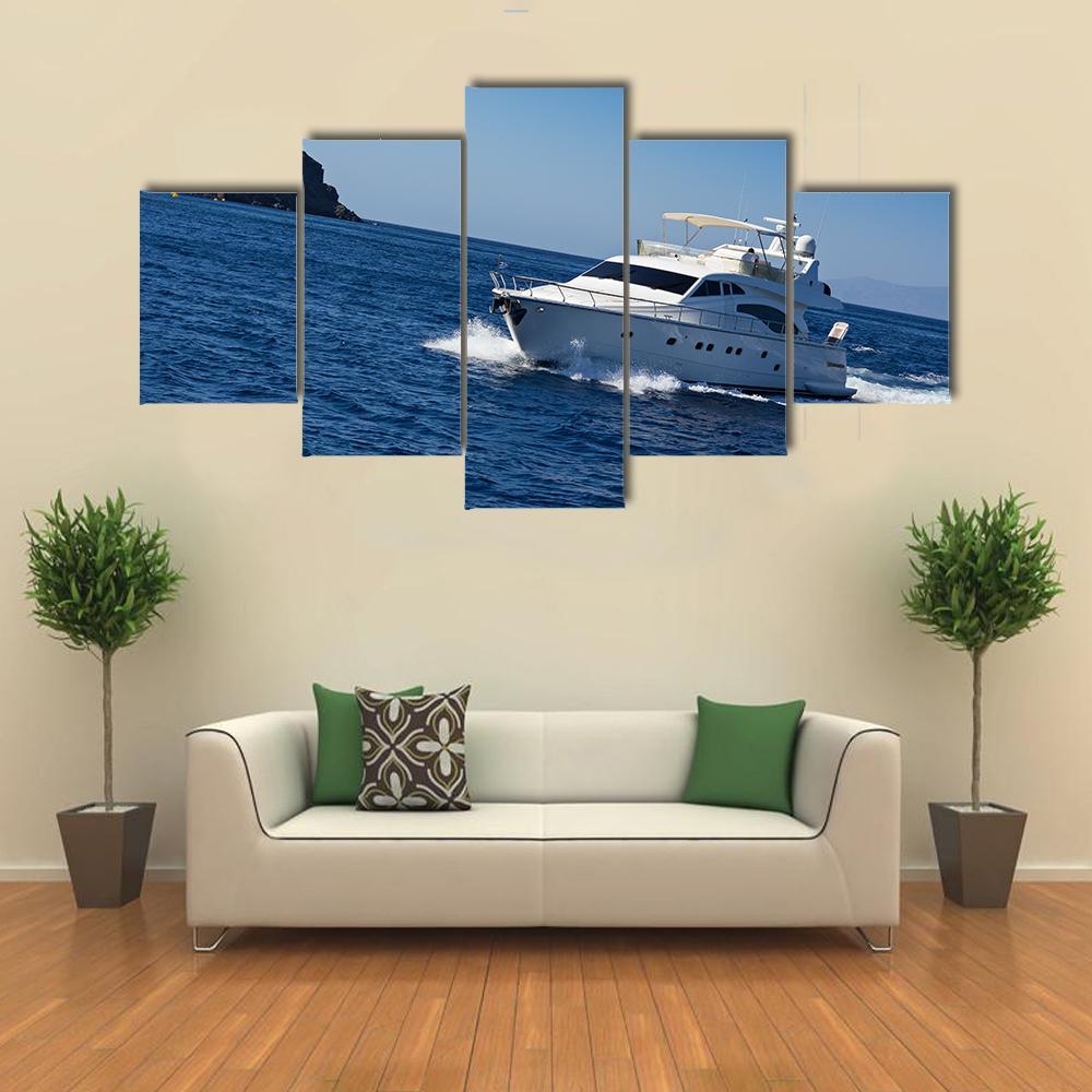 Boat In Deep Blue Water Canvas Wall Art-5 Star-Gallery Wrap-62" x 32"-Tiaracle