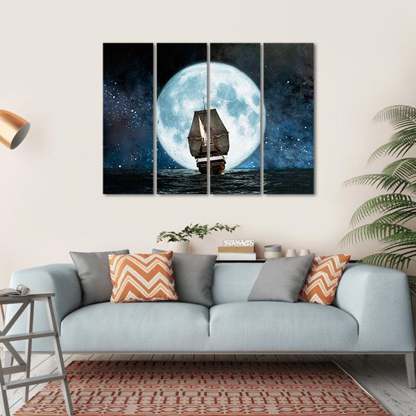 Boat In Full Moon Night Canvas Wall Art-4 Horizontal-Gallery Wrap-34" x 24"-Tiaracle