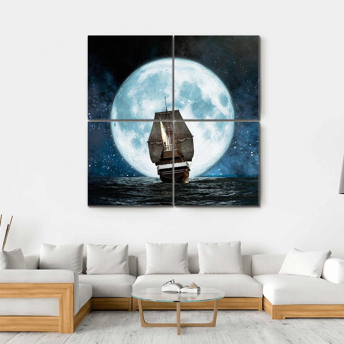 Boat In Full Moon Night Canvas Wall Art-4 Square-Gallery Wrap-17" x 17"-Tiaracle