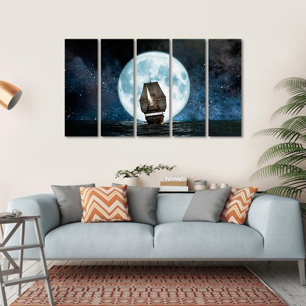 Boat In Full Moon Night Canvas Wall Art-5 Horizontal-Gallery Wrap-22" x 12"-Tiaracle