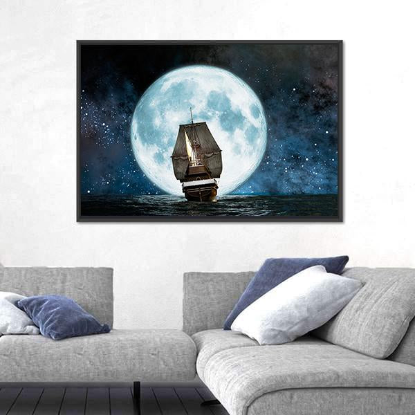 Boat In Full Moon Night Canvas Wall Art-5 Horizontal-Gallery Wrap-22" x 12"-Tiaracle
