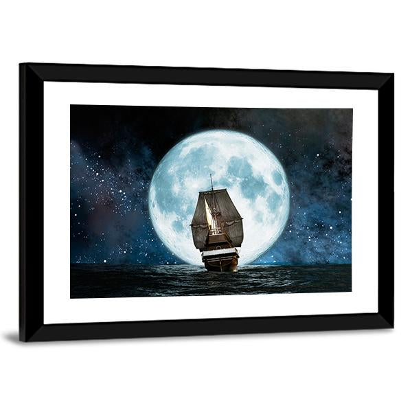 Boat In Full Moon Night Canvas Wall Art-5 Horizontal-Gallery Wrap-22" x 12"-Tiaracle