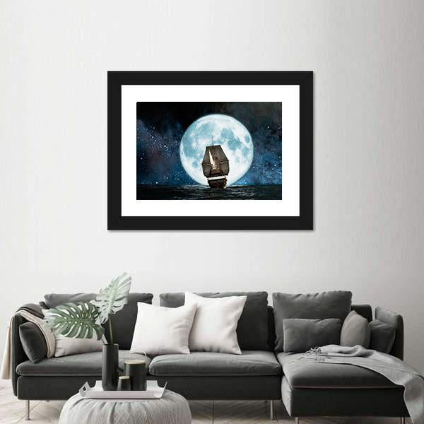 Boat In Full Moon Night Canvas Wall Art-5 Horizontal-Gallery Wrap-22" x 12"-Tiaracle