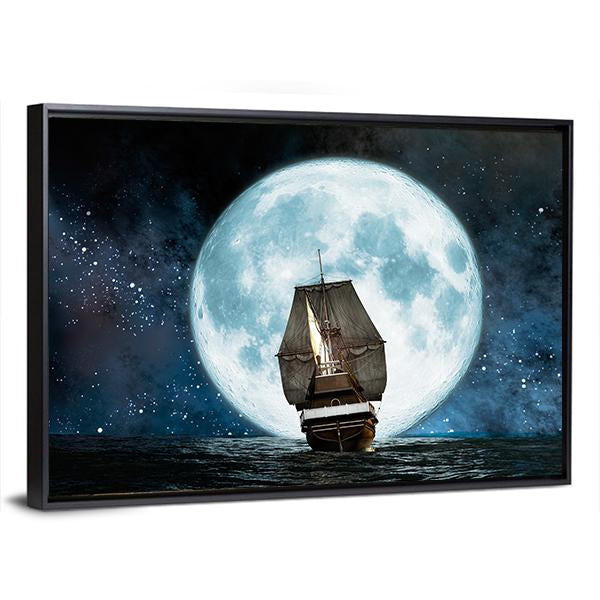 Boat In Full Moon Night Canvas Wall Art-5 Horizontal-Gallery Wrap-22" x 12"-Tiaracle