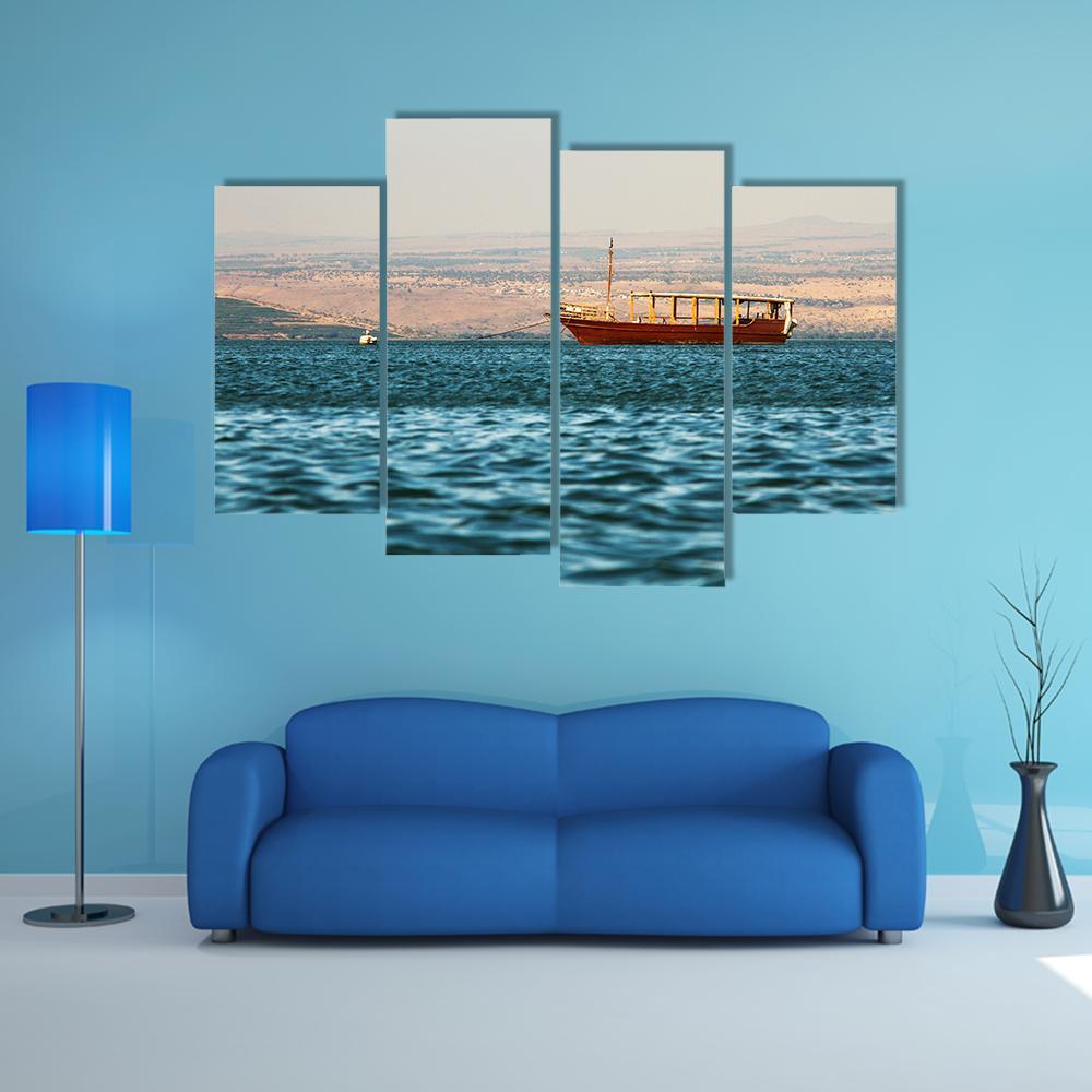 Boat In Galilee Sea Canvas Wall Art-4 Pop-Gallery Wrap-50" x 32"-Tiaracle