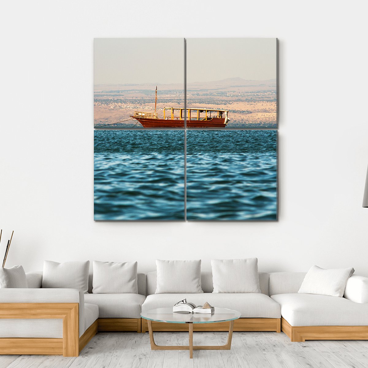 Boat In Galilee Sea Canvas Wall Art-4 Square-Gallery Wrap-17" x 17"-Tiaracle