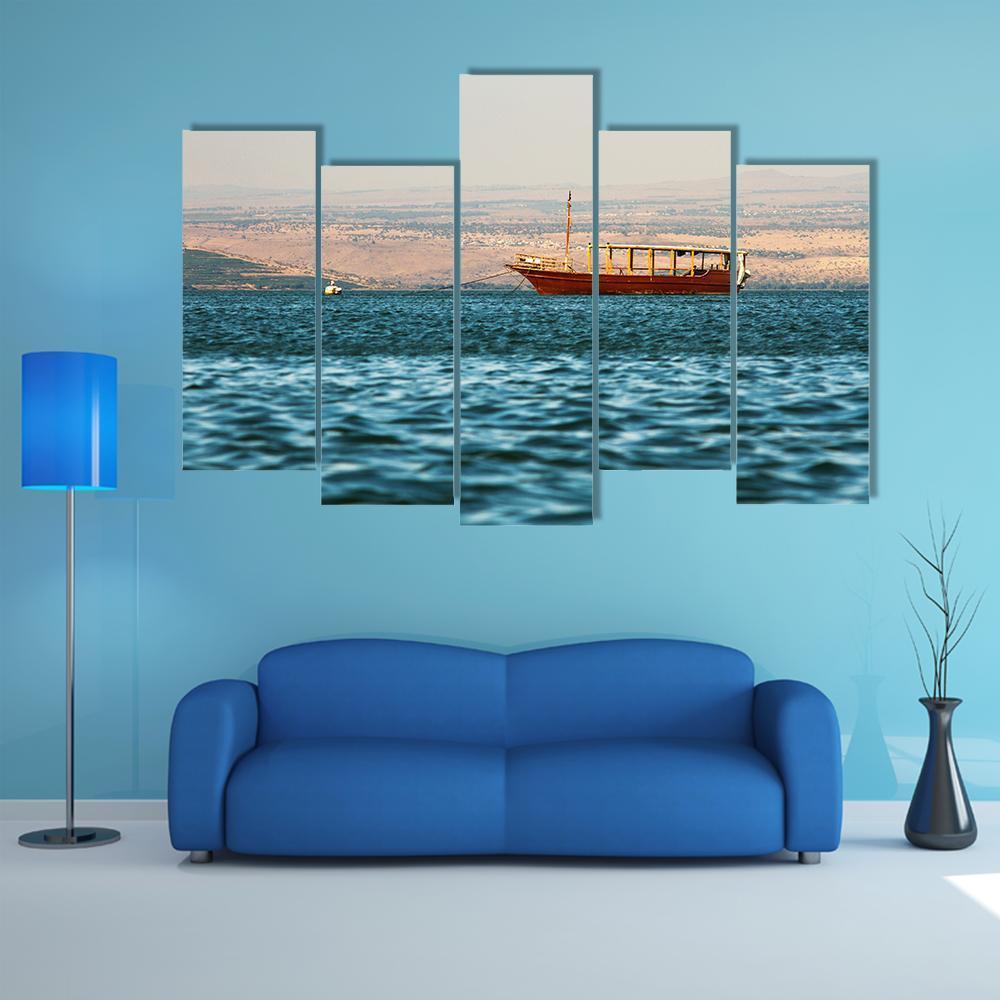 Boat In Galilee Sea Canvas Wall Art-5 Pop-Gallery Wrap-47" x 32"-Tiaracle