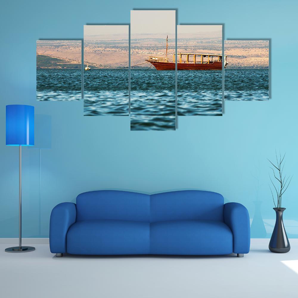Boat In Galilee Sea Canvas Wall Art-5 Star-Gallery Wrap-62" x 32"-Tiaracle