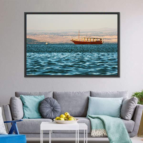 Wooden Boat on Calm Sea Canvas Wall Art in beige, brown and blue, framed canvas, product view on a white background