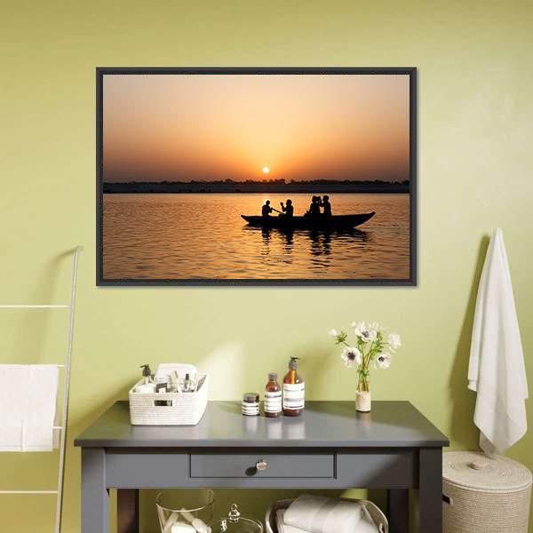 Boat In Ganges River Canvas Wall Art-1 Piece-Floating Frame-24" x 16"-Tiaracle