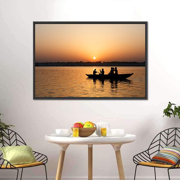 Boat In Ganges River Canvas Wall Art-5 Horizontal-Gallery Wrap-22" x 12"-Tiaracle