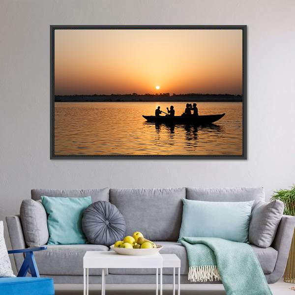 Boat In Ganges River Canvas Wall Art-5 Horizontal-Gallery Wrap-22" x 12"-Tiaracle