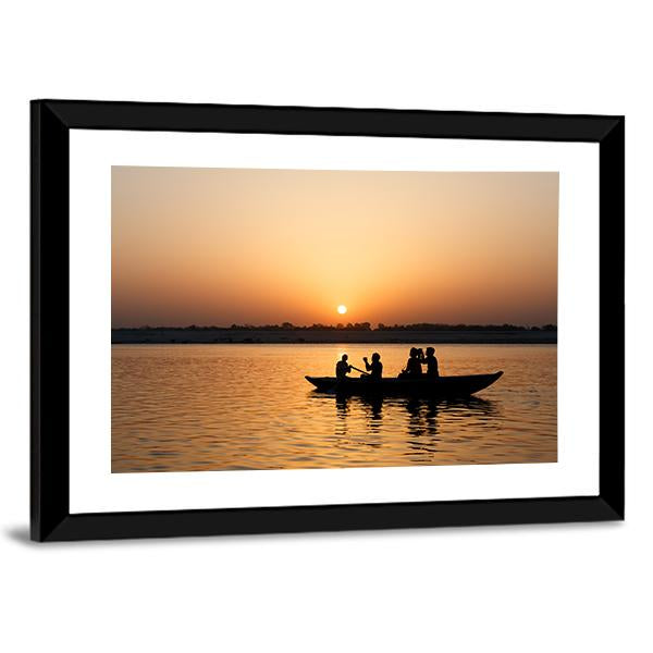 Boat In Ganges River Canvas Wall Art-5 Horizontal-Gallery Wrap-22" x 12"-Tiaracle