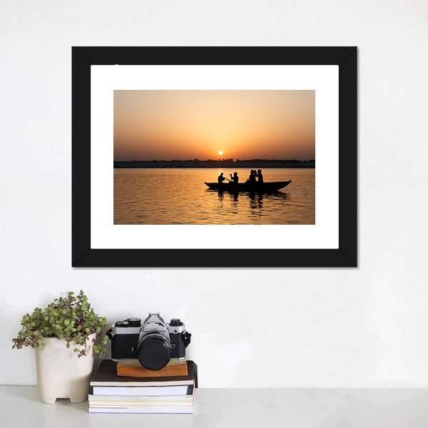 Boat In Ganges River Canvas Wall Art-1 Piece-Framed Print-20" x 16"-Tiaracle