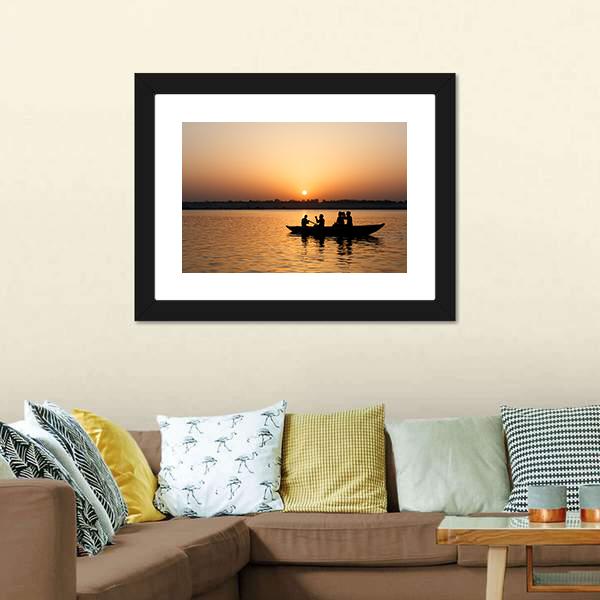 Boat In Ganges River Canvas Wall Art-5 Horizontal-Gallery Wrap-22" x 12"-Tiaracle
