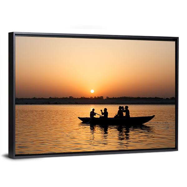 Boat In Ganges River Canvas Wall Art-5 Horizontal-Gallery Wrap-22" x 12"-Tiaracle