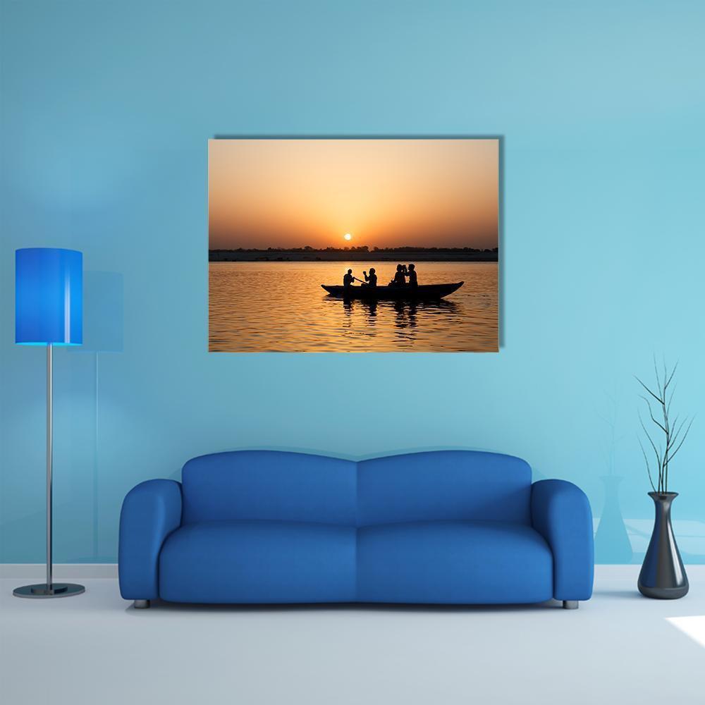 Boat In Ganges River Canvas Wall Art-5 Star-Gallery Wrap-62" x 32"-Tiaracle
