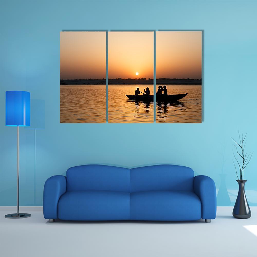Boat In Ganges River Canvas Wall Art-3 Horizontal-Gallery Wrap-37" x 24"-Tiaracle