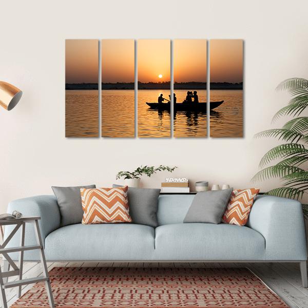 Boat In Ganges River Canvas Wall Art-5 Horizontal-Gallery Wrap-22" x 12"-Tiaracle