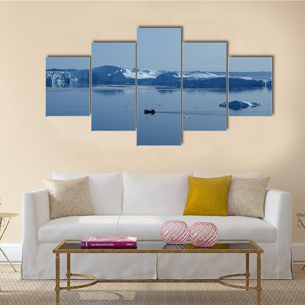 Boat In Ilulissat Icefjord Canvas Wall Art-5 Star-Gallery Wrap-62" x 32"-Tiaracle