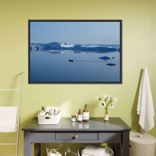 Boat In Ilulissat Icefjord Canvas Wall Art-1 Piece-Floating Frame-24" x 16"-Tiaracle