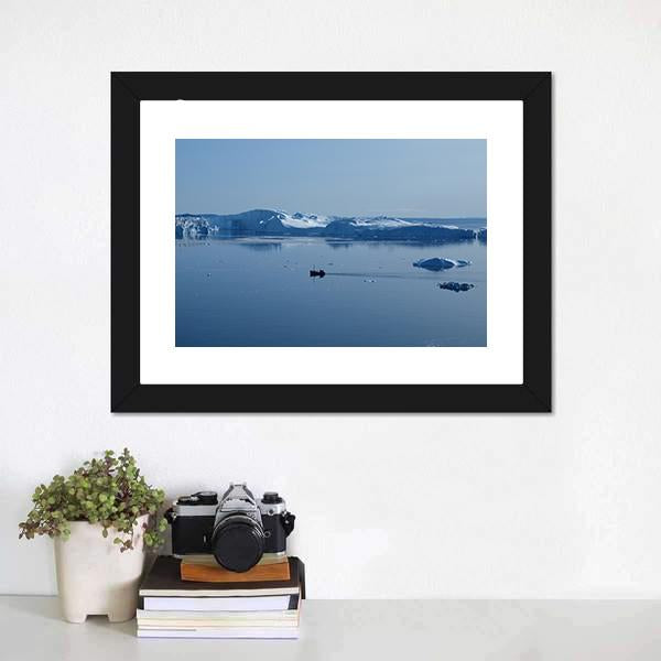Boat In Ilulissat Icefjord Canvas Wall Art-1 Piece-Framed Print-20" x 16"-Tiaracle
