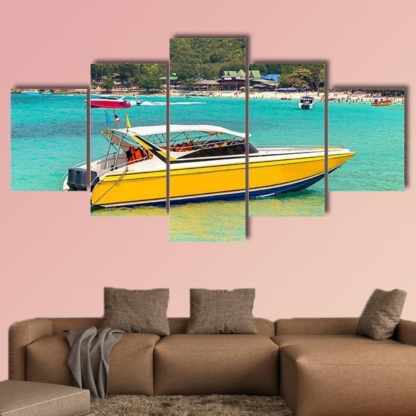 Boat In Koh Lan Island Canvas Wall Art-5 Star-Gallery Wrap-62&quot; x 32&quot;-Tiaracle