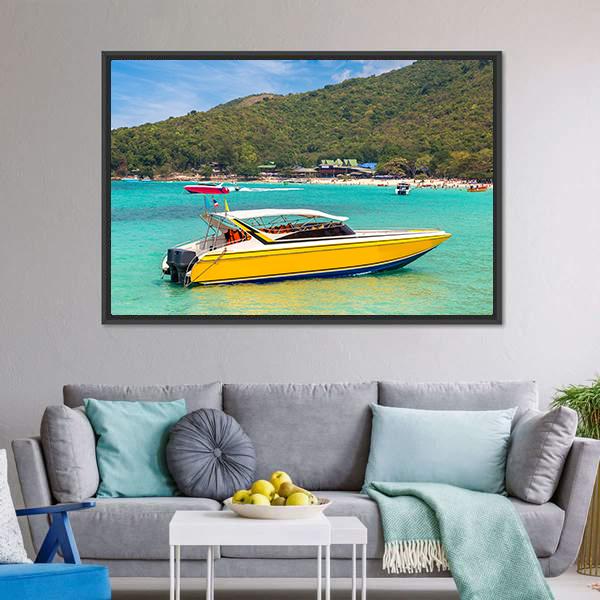 Boat In Koh Lan Island Canvas Wall Art-1 Piece-Floating Frame-24" x 16"-Tiaracle