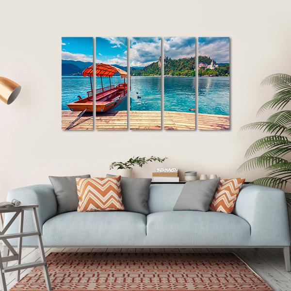 Boat In Lake Bled Canvas Wall Art-5 Horizontal-Gallery Wrap-22" x 12"-Tiaracle