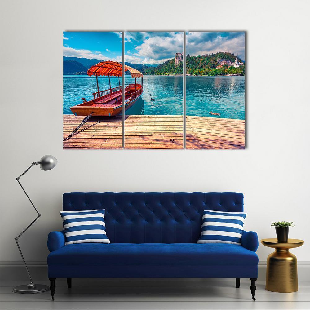 Boat In Lake Bled Canvas Wall Art-4 Pop-Gallery Wrap-50" x 32"-Tiaracle