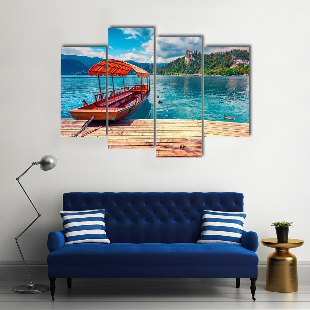 Boat In Lake Bled Canvas Wall Art-4 Pop-Gallery Wrap-50" x 32"-Tiaracle