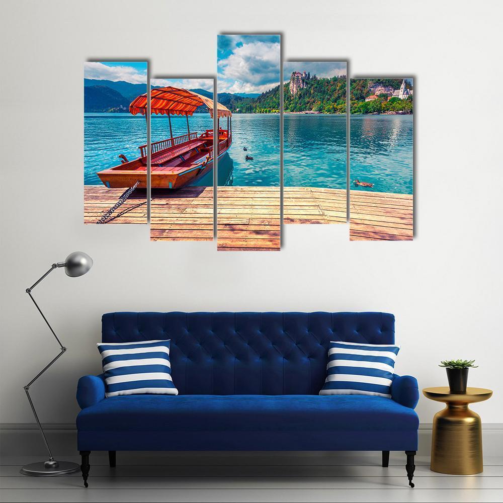 Boat In Lake Bled Canvas Wall Art-5 Pop-Gallery Wrap-47" x 32"-Tiaracle