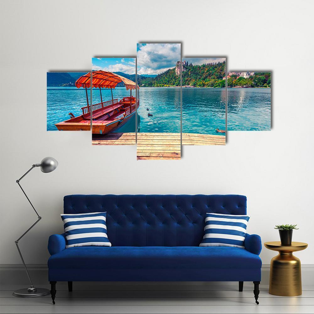 Boat In Lake Bled Canvas Wall Art-5 Star-Gallery Wrap-62" x 32"-Tiaracle
