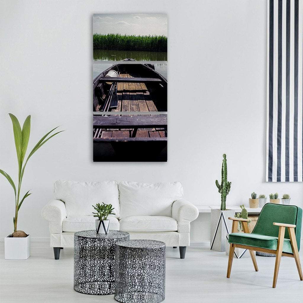 Boat In Lake Vertical Canvas Wall Art-3 Vertical-Gallery Wrap-12" x 25"-Tiaracle