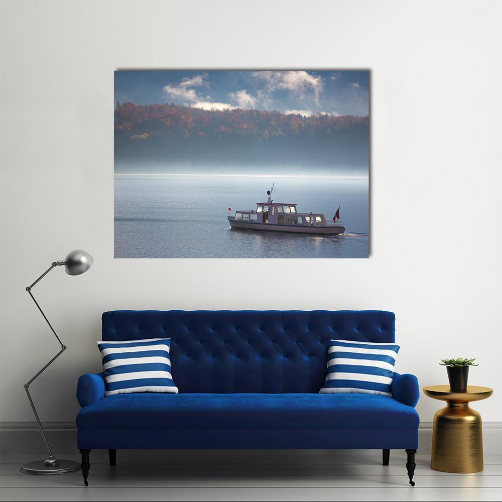 Foggy Lake with Autumn Boat Canvas Wall Art in gray, brown and blue, single panel hung on a wall